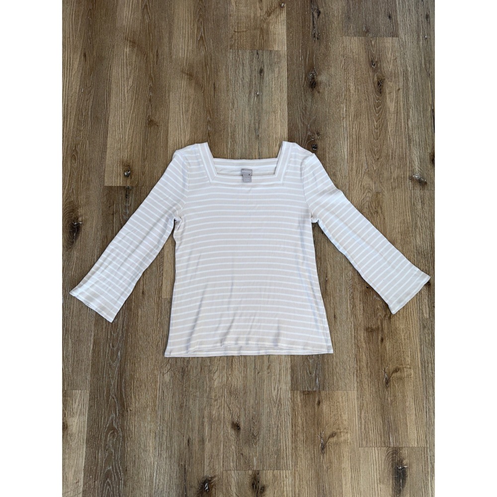 Chicos Striped Square Neck Ribbed Top Beige White Size 1 Medium 3/4 Sleeve